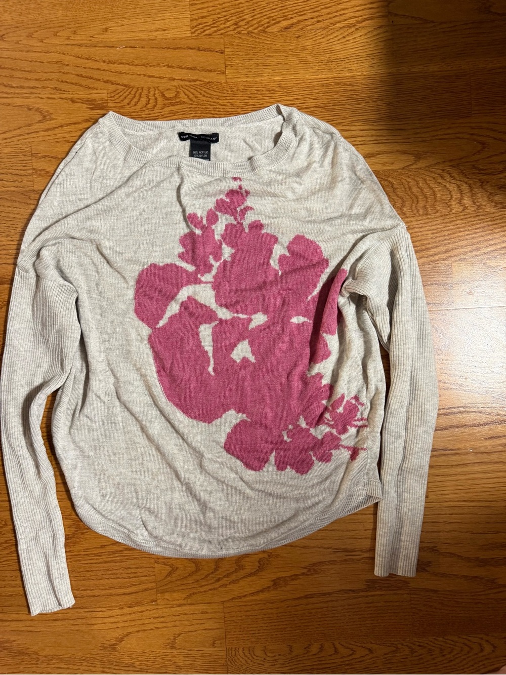 New York & Company Cream Sweater with Pink Floral Motif